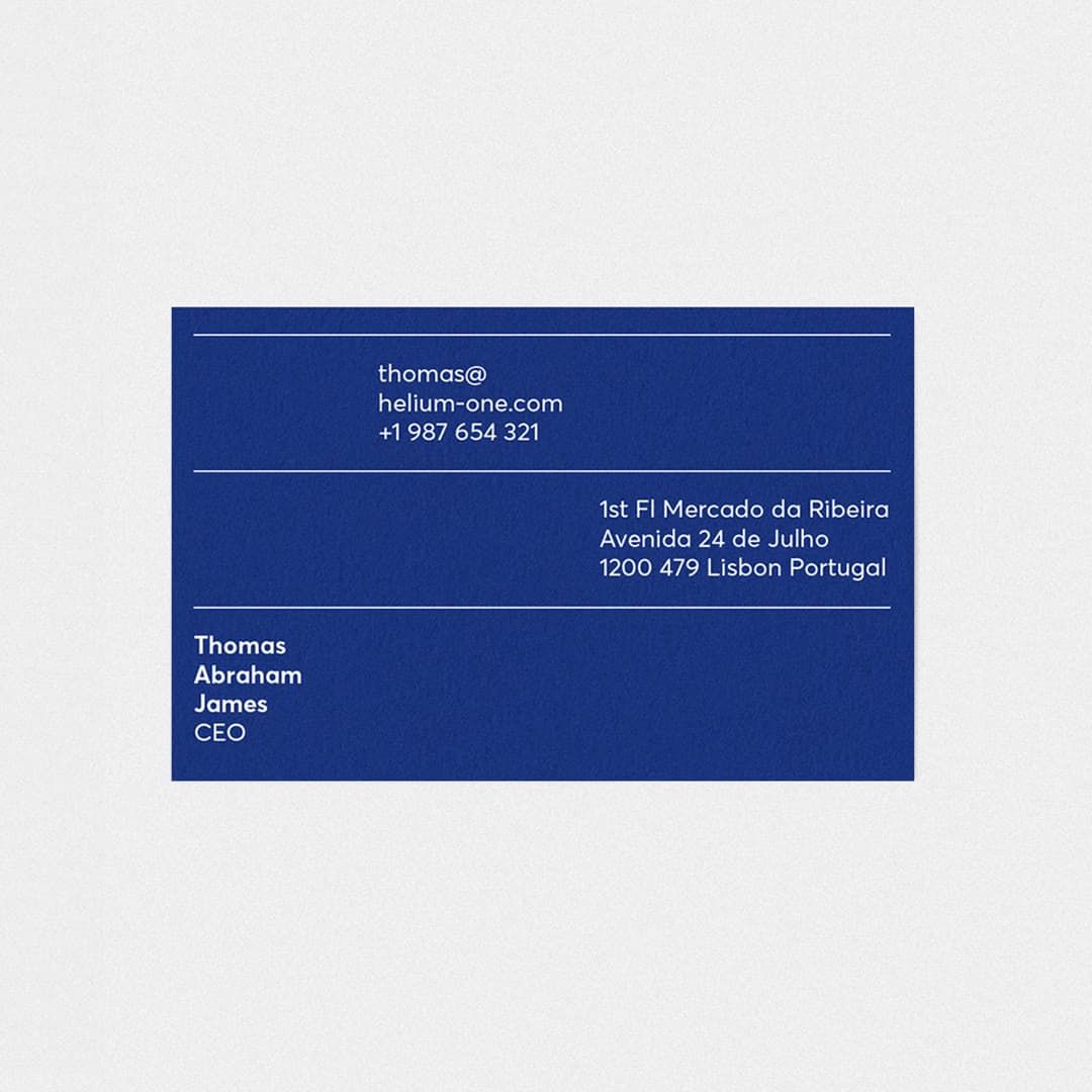 Business card design with blue background and white typohraphy